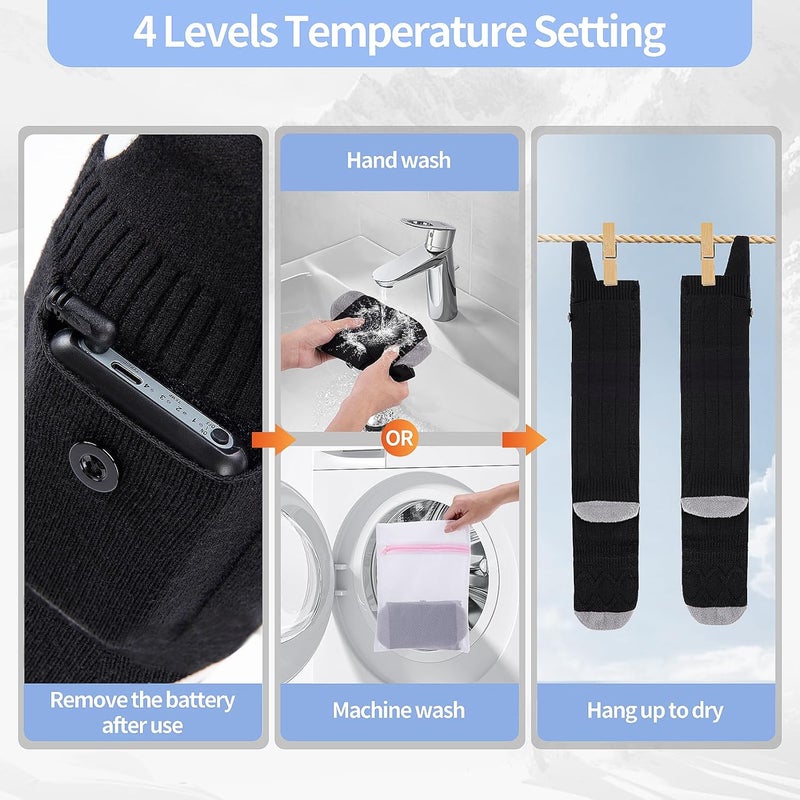 ZUOYA Heated Socks for Men Women - Rechargeable, Washable, Electric Heated Socks Up to 8 Hours with 4 Heating Levels for Hunting, Camping, Hiking, Skiing, Walking, Fishing, Cycling, Outdoor Work(All Black) - Image 5